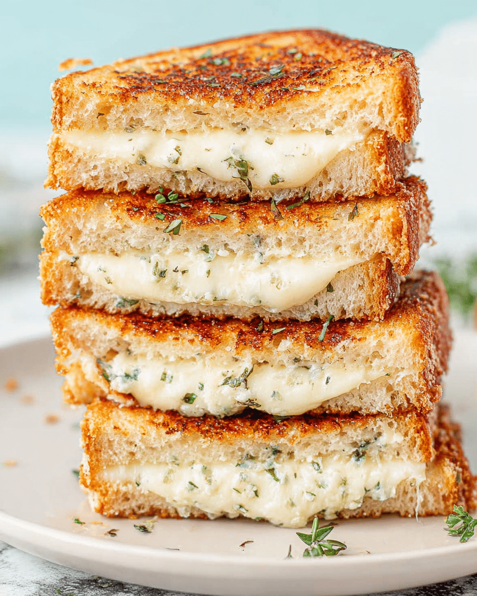 A close-up of a tall stack of four grilled cheese sandwich halves, each sandwich cut in a triangle shape showing two layers of toasted golden-brown bread with a crispy texture, sandwiching a thick layer of melted, gooey white cheese mixed with herbs. The sandwiches are stacked neatly on a white plate, set on a white marbled surface. Some small green herb flakes are sprinkled on the cheese and bread edges, adding color contrast. The background is softly blurred in pastel colors. photo taken with an iphone --ar 4:5 --v 7