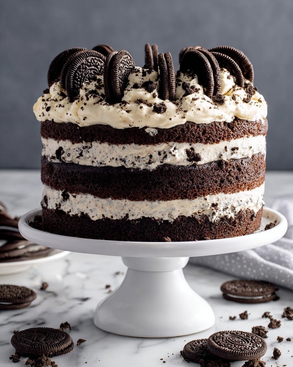 A three-layer dark chocolate cake with thick white cream filling between each layer, speckled with crushed dark cookie crumbs. The top layer is covered with the same white cream and more cookie crumbs, topped with whole dark sandwich cookies standing upright around the edge. The cake sits on a white cake stand on a white marbled surface with some whole and halved cookies scattered around. photo taken with an iphone --ar 4:5 --v 7