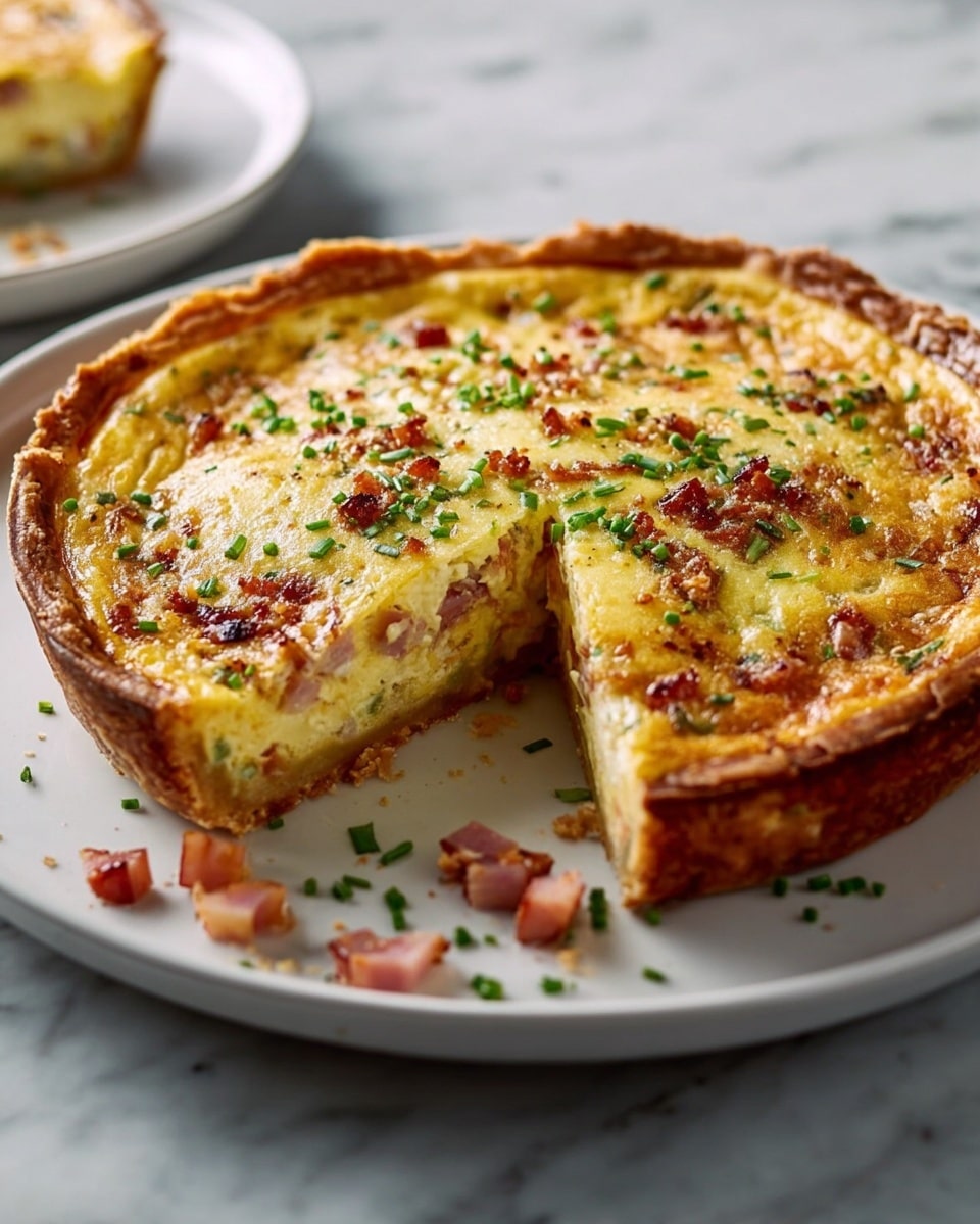 A round quiche with a thick, golden-brown crust sits on a white plate, showing a smooth, creamy yellow egg filling mixed with small pieces of pink ham and green herbs throughout. The top is dotted with browned bits of ham and finely chopped green onions, giving a fresh look. One slice is cut and slightly pulled out, revealing the inside layers of the crust and the thick, soft egg mixture, with some green and pink bits inside. A few small pieces of ham and chopped green onions are scattered on the plate around the quiche. The plate rests on a white marbled surface. photo taken with an iphone --ar 4:5 --v 7