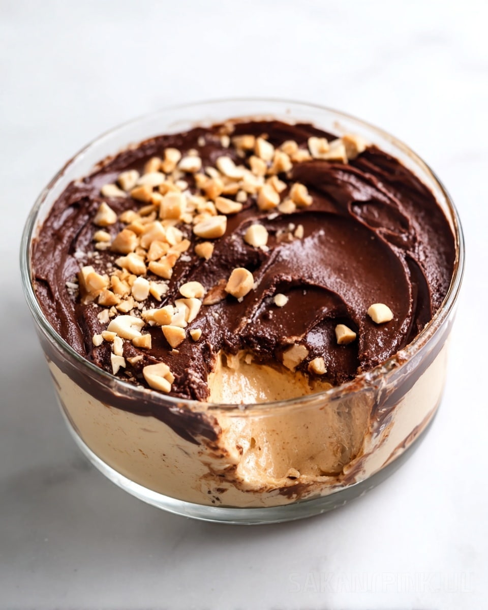 This dessert in a clear glass bowl has two main layers: a thick, creamy light tan layer at the bottom with a smooth texture, and a thick, dark brown chocolate layer on top with a slightly rough surface. The top layer is sprinkled with small, uneven pieces of light beige nuts, scattered mainly on one side. A section of the chocolate and cream layers has been scooped, revealing a swirling mix of both layers along the side of the bowl. The bowl sits on a white marbled surface. photo taken with an iphone --ar 4:5 --v 7