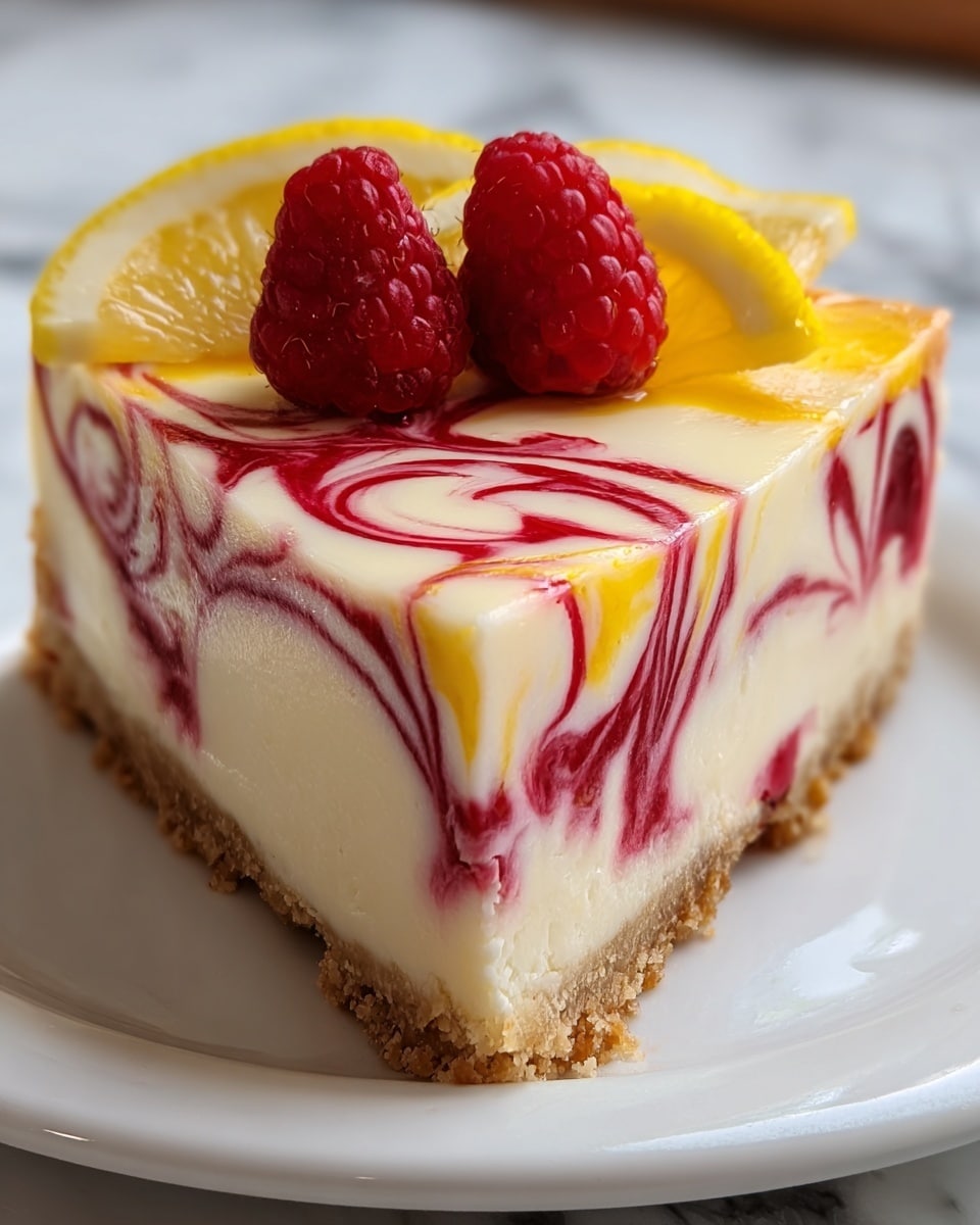 A slice of cheesecake with three visible layers sits on a white plate over a white marbled surface: the bottom layer is a thick, crumbly, light brown crust; the middle layer is creamy white cheesecake filling with swirls of bright yellow and deep red running through it in a marbled pattern; the top is smooth, glossy, and decorated with two fresh red raspberries and thin, translucent lemon slices arranged at the back. Photo taken with an iphone --ar 4:5 --v 7