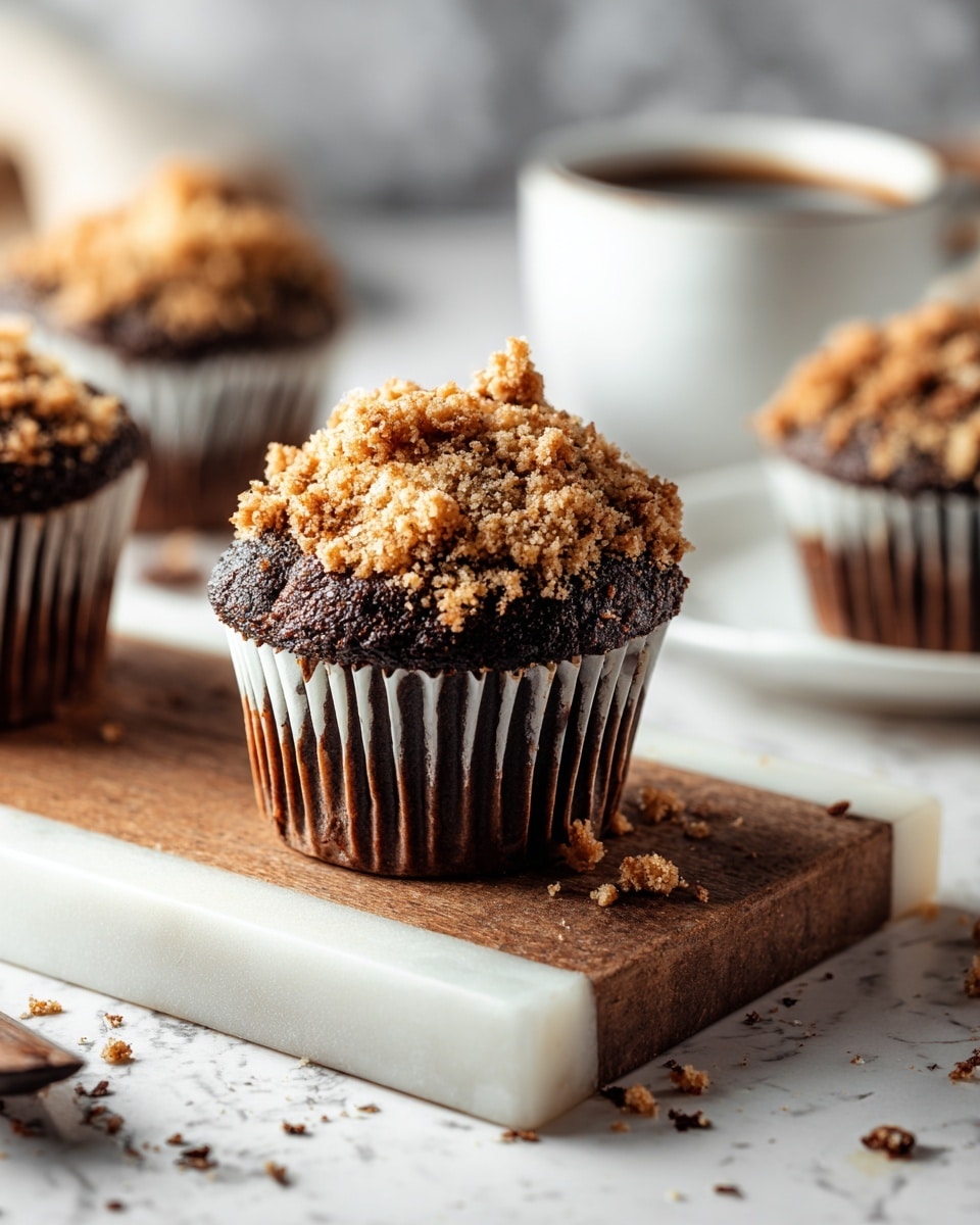 The image shows a close-up of a chocolate muffin with a crumbly brown topping, sitting on a small wooden board placed on a white marbled surface. The muffin has a dark brown base covered by a white lined paper wrapper. The crumbly topping is uneven and piled thickly on top, with some crumbs scattered around on the board and surface. In the background, more muffins with similar crumbly tops are slightly out of focus, along with a white cup filled with a dark beverage. The overall look is warm and inviting with a soft, natural light. photo taken with an iphone --ar 4:5 --v 7