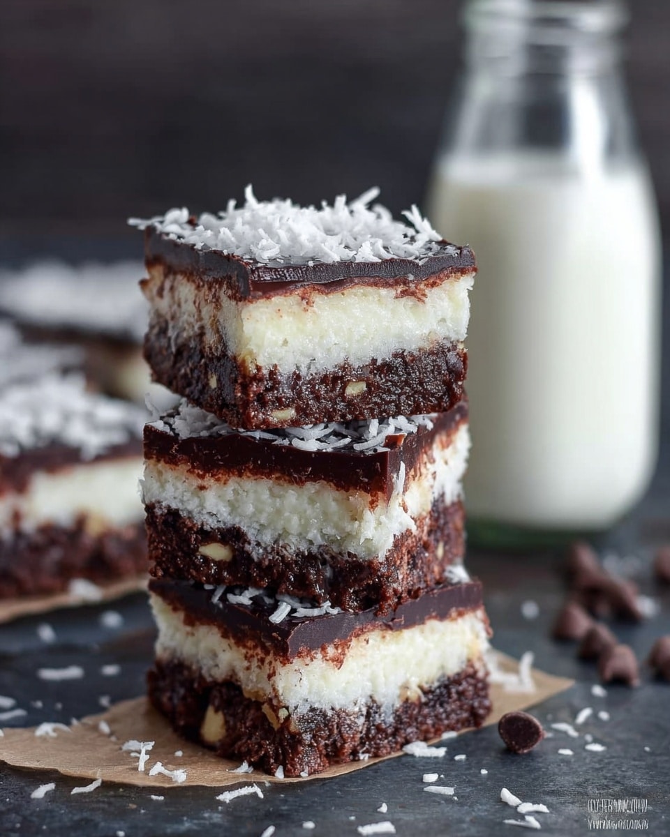 The image shows a stack of three square dessert bars on a dark surface with scattered coconut flakes and chocolate chips. Each bar has four layers: a bottom thick, dark chocolate brownie layer with some nuts visible, a white creamy coconut layer above it, followed by a thin, glossy dark chocolate layer, and topped with a sprinkle of shredded coconut. Behind the stack, there is a glass bottle filled with milk. The background is blurred and the focus is on the texture and layers of the dessert bars. photo taken with an iphone --ar 4:5 --v 7