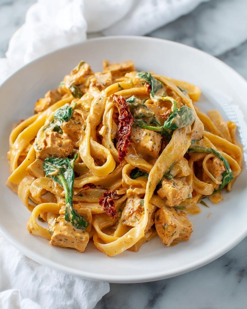 A white plate holds a serving of creamy pasta with thick, flat noodles coated in a light orange sauce. There are chunks of tofu seasoned with herbs scattered throughout, along with green spinach leaves and strips of sun-dried tomatoes adding hints of red and green color. The pasta looks rich and smooth, with the sauce clinging well to each noodle and ingredient. The plate rests on a white marbled surface with a white cloth visible in the background. photo taken with an iphone --ar 4:5 --v 7