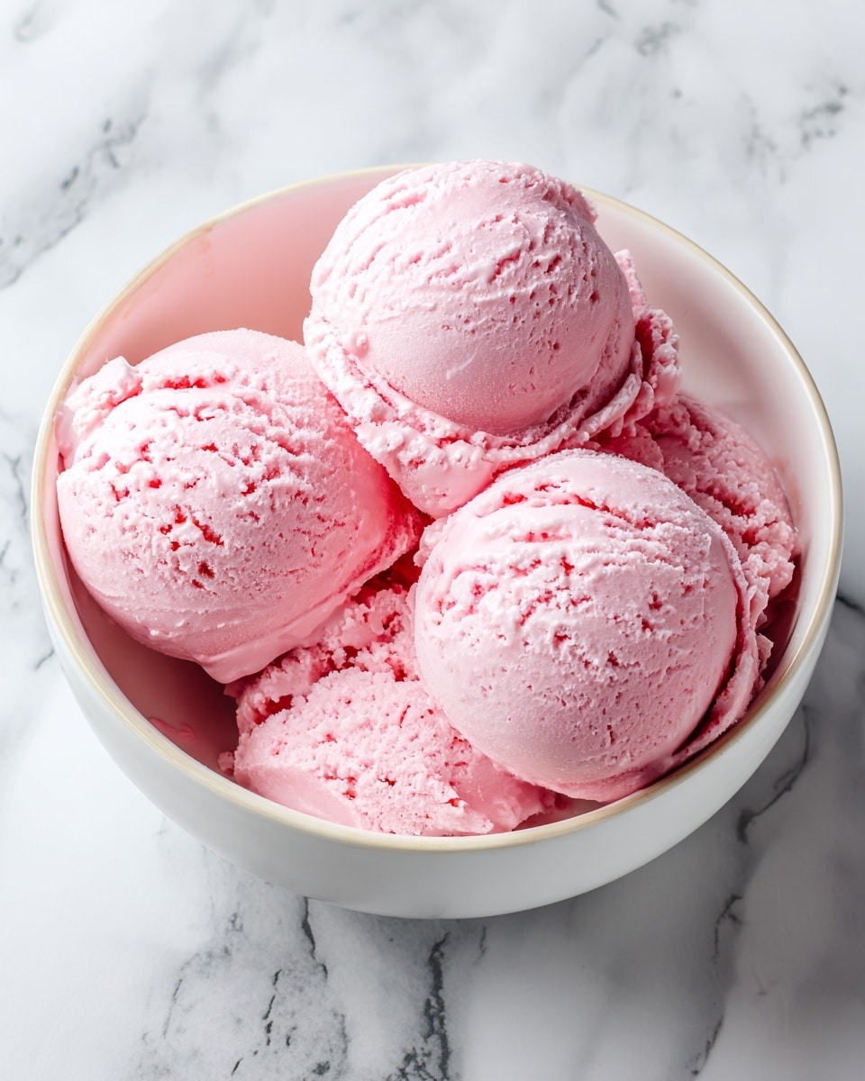 A white bowl filled with five large, round scoops of light pink ice cream, each scoop showing smooth and slightly frosty texture with some small crushed bits mixed in. The scoops are closely packed, showing soft curves and gentle melting edges. The bowl sits on a white marbled surface that has grey streaks, adding elegance to the scene. photo taken with an iphone --ar 4:5 --v 7
