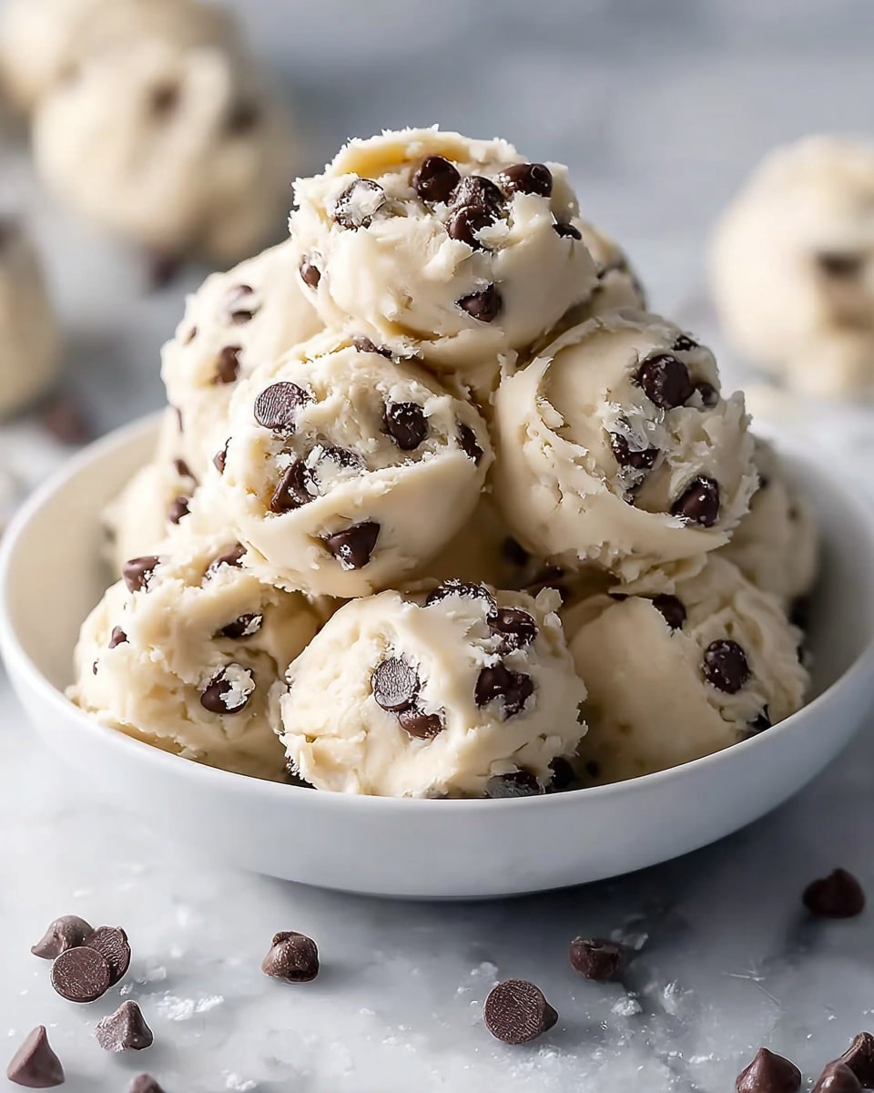 A white bowl filled with several small scoops of creamy, off-white cookie dough mixed with many dark brown chocolate chips, each scoop showing soft texture and uneven edges, piled high in the bowl; some chocolate chips spilled on a white marbled surface around the bowl, with soft light highlighting the dough’s smoothness and the chips' glossy finish, photo taken with an iphone --ar 4:5 --v 7