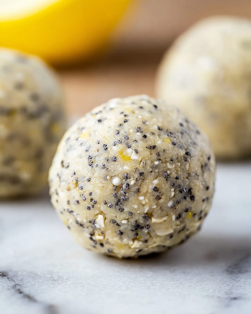 A close-up view of a single round energy ball with a light beige color, speckled with small black poppy seeds and tiny white oats, visible grains giving a rough texture. It sits on a white marbled surface that looks smooth, with two more blurred energy balls and a yellow lemon wedge softly visible in the background. The focus is sharp on the front ball, showing its slightly sticky, dense texture. photo taken with an iphone --ar 4:5 --v 7