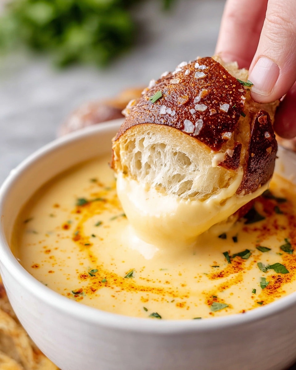 A close-up of a woman's hand holding a piece of soft pretzel bread partially dipped into a bowl of creamy, smooth, pale yellow cheese sauce. The pretzel piece has a golden-brown crust sprinkled with large salt crystals and a light, fluffy inside. The cheese sauce in the white bowl has a few small green herb bits and is swirled with light orange spices, creating a textured surface with glossy highlights. The bowl sits on a white marbled surface with blurred green herbs in the background. photo taken with an iphone --ar 4:5 --v 7
