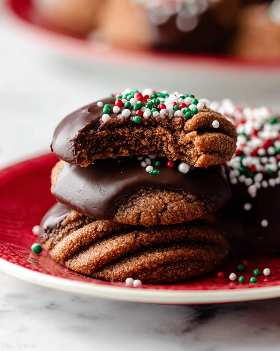 A close-up of a stack of three round chocolate cookies on a white plate with a red edge, placed on a white marbled surface. Each cookie has a textured, swirled pattern and is half-dipped in glossy dark chocolate. The top cookie has a bite taken out of it, showing a soft, crumbly brown inside. The chocolate-dipped part of the top cookie is decorated with small white, red, and green round sprinkles scattered randomly. Some sprinkles are also scattered on the marbled surface around the plate. The background is blurred but bright, emphasizing the cookies in the foreground. photo taken with an iphone --ar 4:5 --v 7