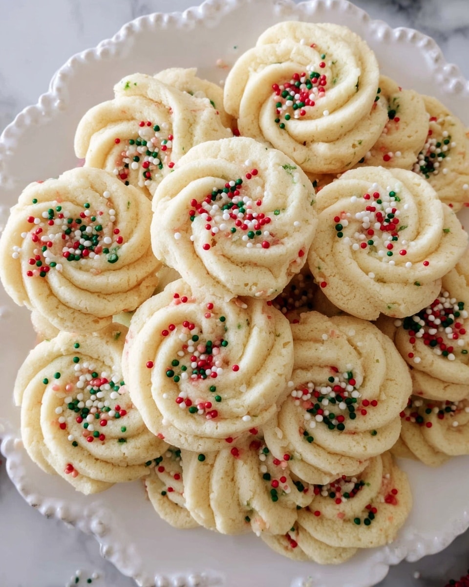 A white plate filled with a single layer of light yellow swirl-shaped cookies, each cookie decorated with small round sprinkles in red, green, and white colors scattered on top, showing a soft and slightly crumbly texture with defined ridges in the swirls, all placed against a white marbled surface. photo taken with an iphone --ar 4:5 --v 7