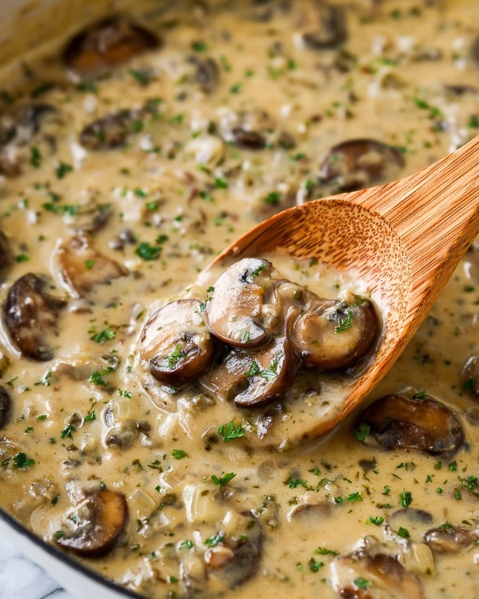 A close-up view of a thick creamy mushroom sauce with visible sliced brown mushrooms and small bits of diced onions, covered with a light beige sauce that has a smooth and slightly shiny texture. The sauce is speckled with small green herb pieces, likely parsley, adding a fresh contrast to the creamy background. In the foreground, a wooden spoon is scooping some of the sauce, showing a few mushroom slices resting on it. The overall scene is set on a white marbled surface. photo taken with an iphone --ar 4:5 --v 7