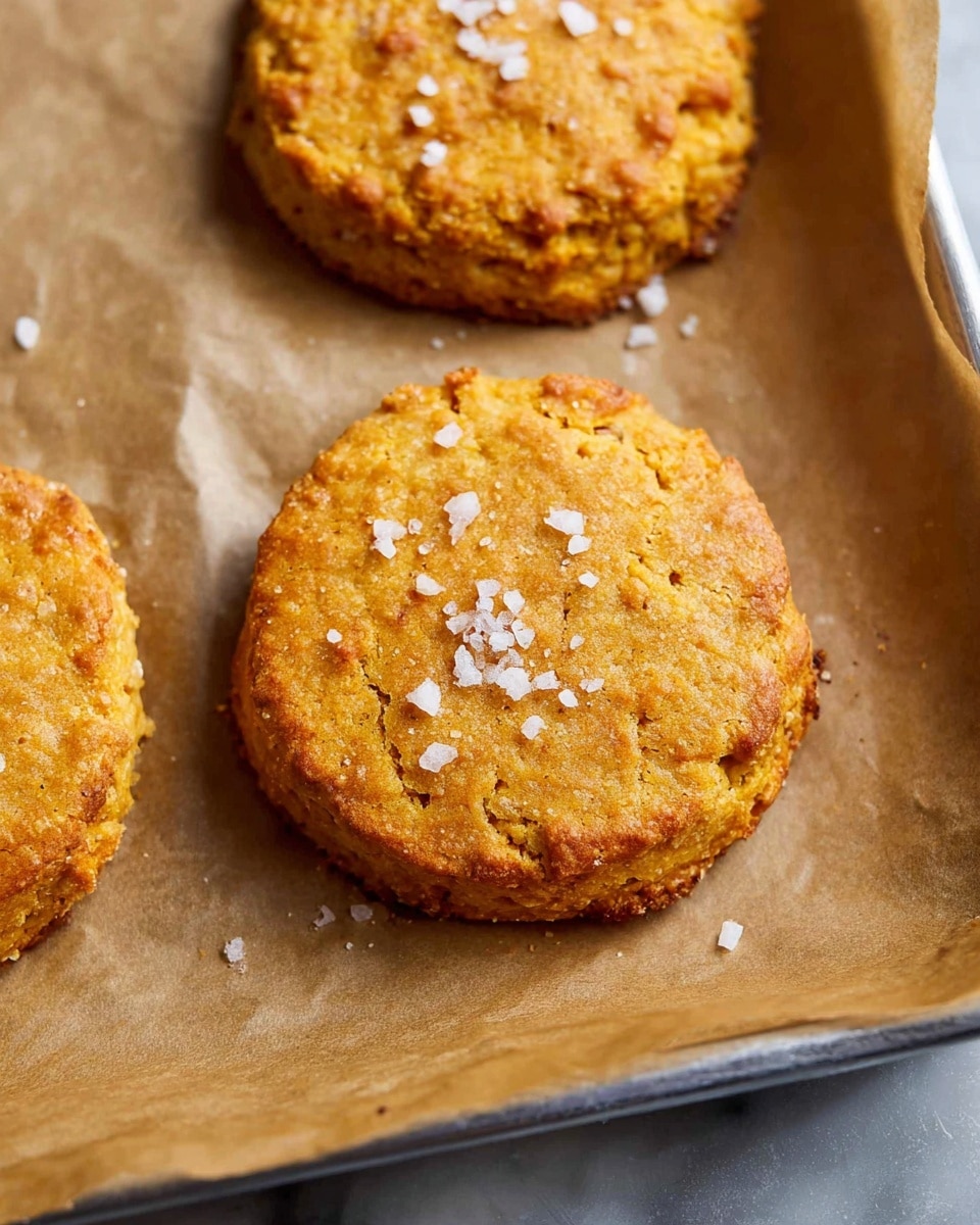 The image shows three thick, round biscuits with a golden brown crust and a slightly rough texture, each topped with small flakes of coarse salt. They are placed on a sheet of light brown parchment paper, which sits on a metallic baking tray. The biscuits have a warm, inviting color with some darker spots indicating a crispy exterior. The overall setting is simple and focuses on the freshly baked biscuits ready to be served, with a white marbled texture background visible around the tray. photo taken with an iphone --ar 4:5 --v 7