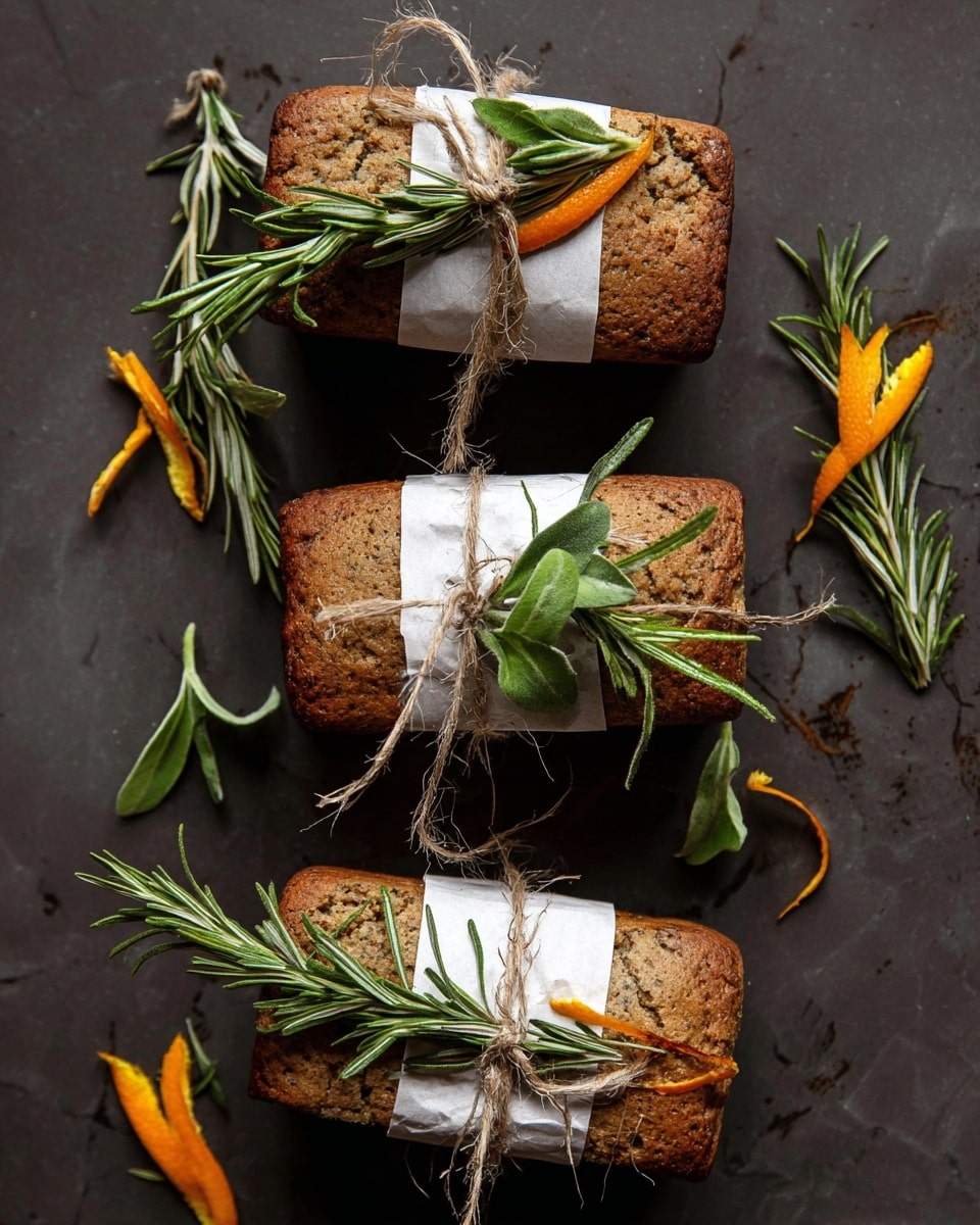 Three small rectangular brown loaves with a slightly rough texture are placed on a dark surface. Each loaf is wrapped around the middle with a strip of white paper, tied with rough brown string. On top of each string is a fresh green herb sprig and a few thin, curled orange peel strips. Additional green herb sprigs and orange peel strips are scattered around the loaves. The whole scene is set on a white marbled texture. photo taken with an iphone --ar 4:5 --v 7