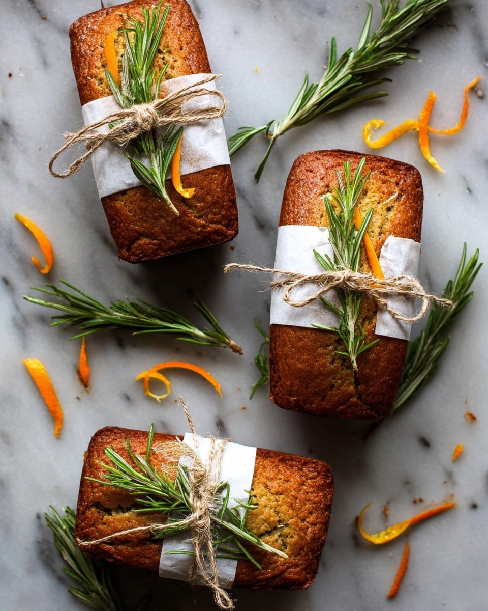 The image shows three small rectangular cakes with a golden-brown crust, each wrapped in white paper around the middle. They are tied with simple brown twine bows, which also hold fresh green rosemary sprigs and a few thin bright orange peel strips on top of each cake. Additional rosemary sprigs and orange peel bits are scattered around the cakes on a white marbled surface. The cakes have a textured, slightly rough top with a few cracks visible. The photo taken with an iphone --ar 4:5 --v 7
