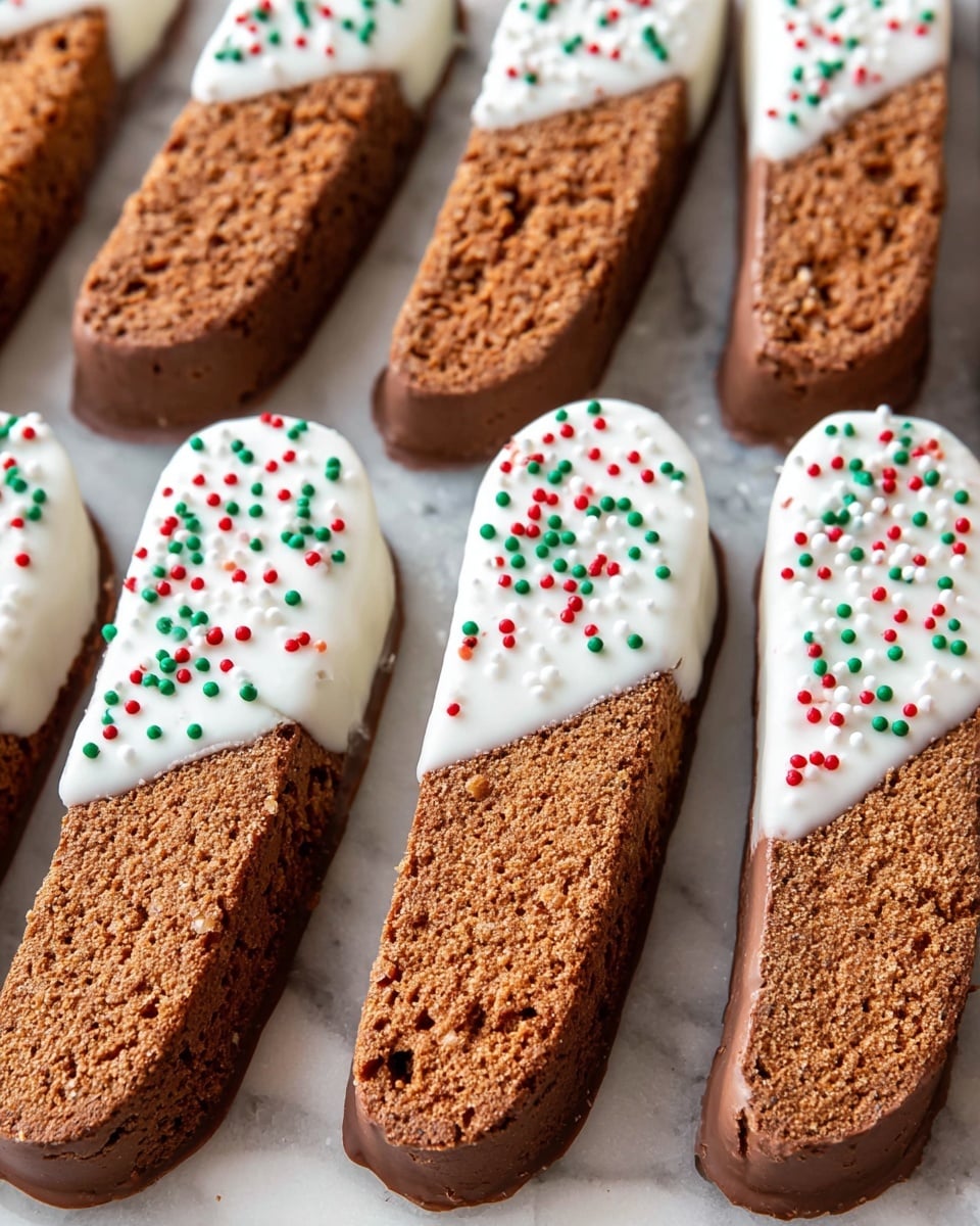 The image shows five long, thin biscotti cookies lined up diagonally on a parchment-lined white baking tray. Each biscotti has a rough, crunchy brown texture and the bottom half is dipped in smooth white icing. The white icing is decorated with red, green, and white sprinkles scattered evenly across the coated area. The tray rests on a wooden surface that is partly visible, with a white marbled texture and a red-striped cloth in the corner. In the background, parts of three more iced biscotti are visible, angled slightly out of focus. photo taken with an iphone --ar 4:5 --v 7