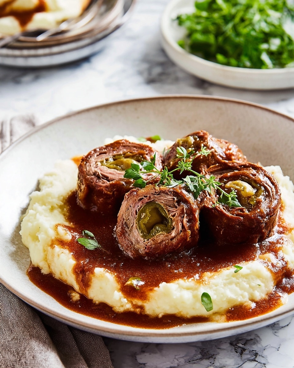 The image shows a white plate filled with a bed of creamy mashed potatoes, topped with a rich, dark brown gravy spread over the surface. On top of the gravy, there are three rolled meat pieces, each cut open to reveal layers of tender, brown cooked meat wrapping a green pickle center. A few small green herb leaves are sprinkled over the dish for garnish, adding a fresh touch. The plate is set on a white marbled surface. In the background, a bowl of fresh green herbs is slightly blurred. Photo taken with an iphone --ar 4:5 --v 7