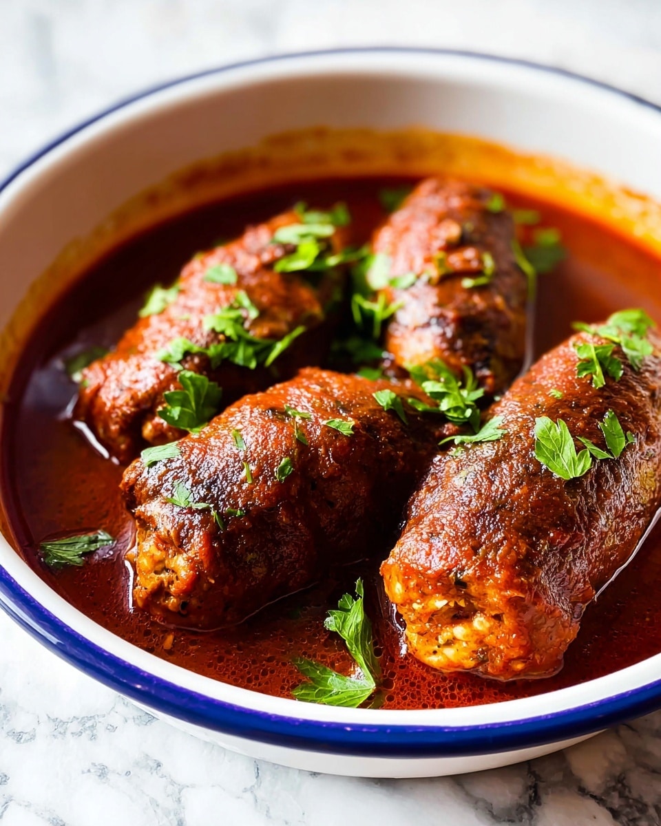 The image shows a white bowl with a blue rim filled with four brown, cooked rolled meat pieces covered in a thick, reddish-brown sauce. Each roll has a slightly rough texture with some darker seared spots. Small green parsley leaves are scattered on top and around the rolls, adding a fresh touch. The bowl sits on a white marbled surface, giving a clean and bright background to the warm colors of the dish. Photo taken with an iphone --ar 4:5 --v 7