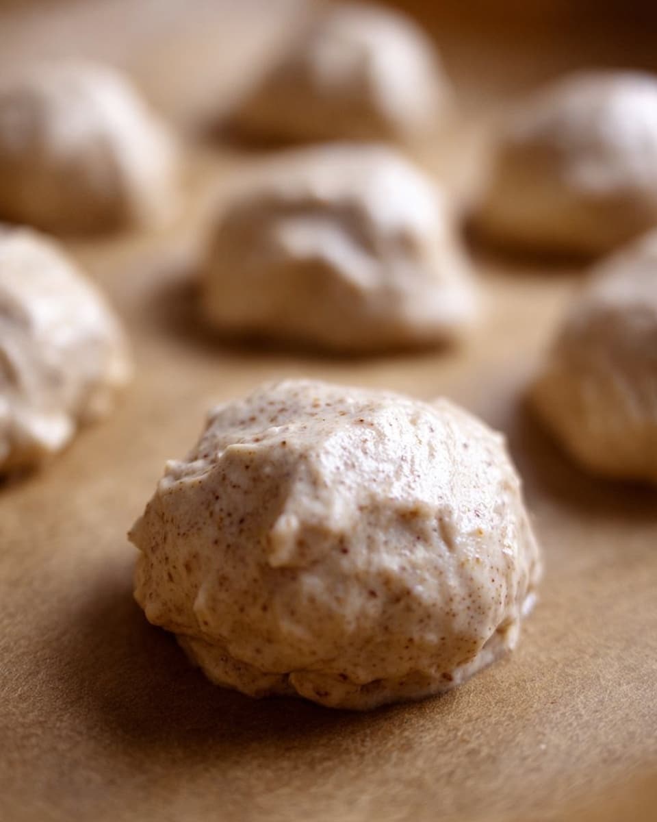 The image shows several rough, round dollops of a light beige batter with small brown specks, spaced evenly on a brown parchment paper surface. Each dollop has a soft, fluffy texture with gentle peaks and valleys, giving a slightly uneven and airy look. The background is softly blurred, keeping the focus on the closest batter dollop, highlighting its creamy and slightly grainy surface details. Photo taken with an iphone --ar 4:5 --v 7