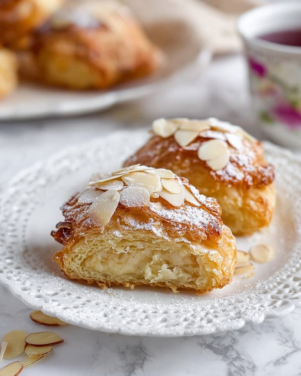 A close-up view of two pieces of golden-brown pastry with flaky, crispy outer layers and a dense, light beige filling inside, topped with thin almond slices and a light dusting of powdered sugar. The pastries are placed on an ornate white plate with a lace-like rim, sitting on a white marbled surface with a few scattered almond slices around. In the blurred background, more pastries and a cup with a floral design are partially visible, adding a cozy, inviting feel photo taken with an iphone --ar 4:5 --v 7