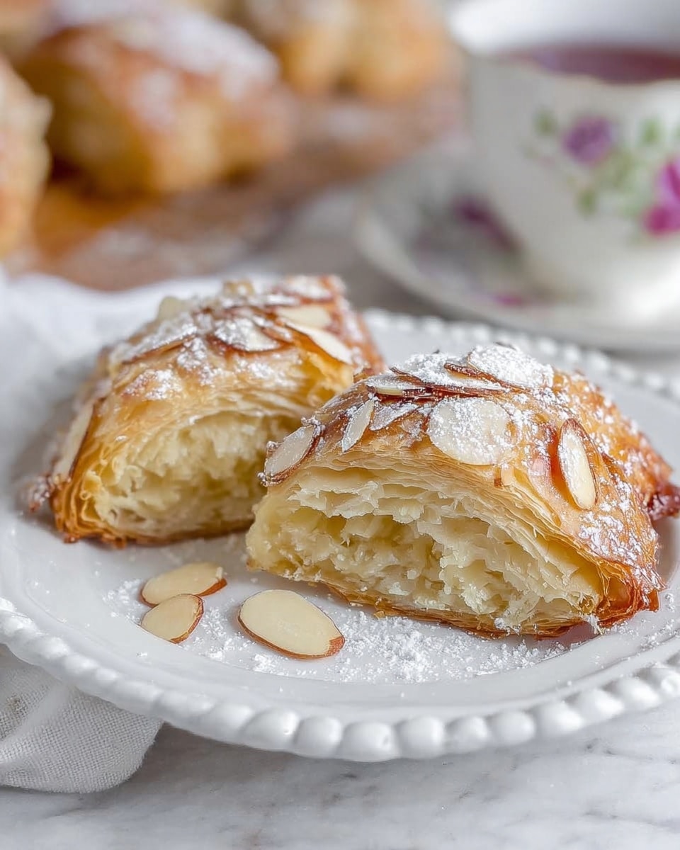 A close-up image shows a flaky pastry cut in half on a white plate with a decorative edge, resting on a white marbled texture. The pastry has a golden-brown, crispy outer layer with scattered almond slices and a light dusting of powdered sugar on top. Inside, the filling is dense and pale yellow, with a soft yet textured appearance, surrounded by multiple thin, light-colored pastry layers. A few loose almond slices are scattered on the plate. In the blurred background, whole pastries and a white teacup with floral details are visible. photo taken with an iphone --ar 4:5 --v 7