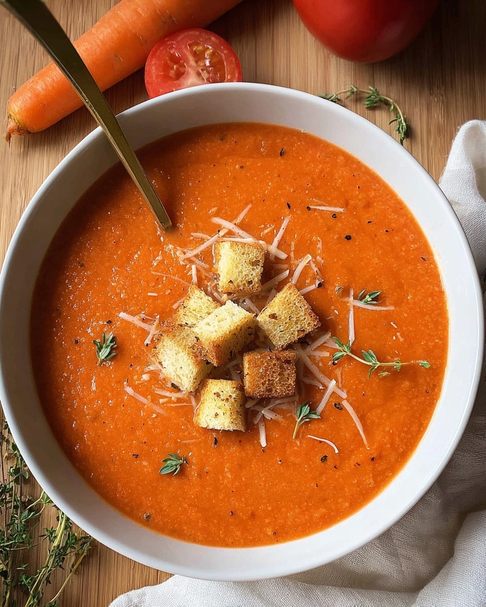 A bowl of thick, orange-red tomato soup fills a white bowl, with a smooth, slightly textured surface showing small flecks of herbs. On top in the center, a small pile of golden-brown croutons sits mixed with thin shreds of pale cheese and sprigs of green thyme. A shiny gold spoon partially dips into the soup on the left side of the bowl. The bowl rests on a light wooden tabletop with an orange carrot and a red tomato nearby, and a white cloth with soft folds appears on the right. Photo taken with an iphone --ar 4:5 --v 7