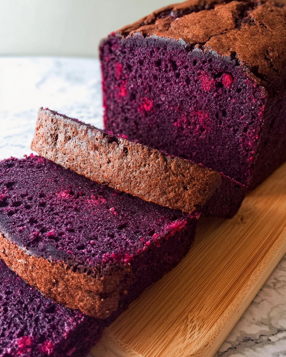 A loaf of dark purple cake with a cracked, slightly crispy brown crust on top is shown on a wooden board with two slices cut from it. The inside of the cake has a moist, dense texture with small air holes and a rich purple color that looks soft and rich. The slices lie in front of the main loaf, showing the thick, even layer of cake throughout. The background features a white marbled texture with a colorful strawberry patterned cloth partially visible. photo taken with an iphone --ar 4:5 --v 7