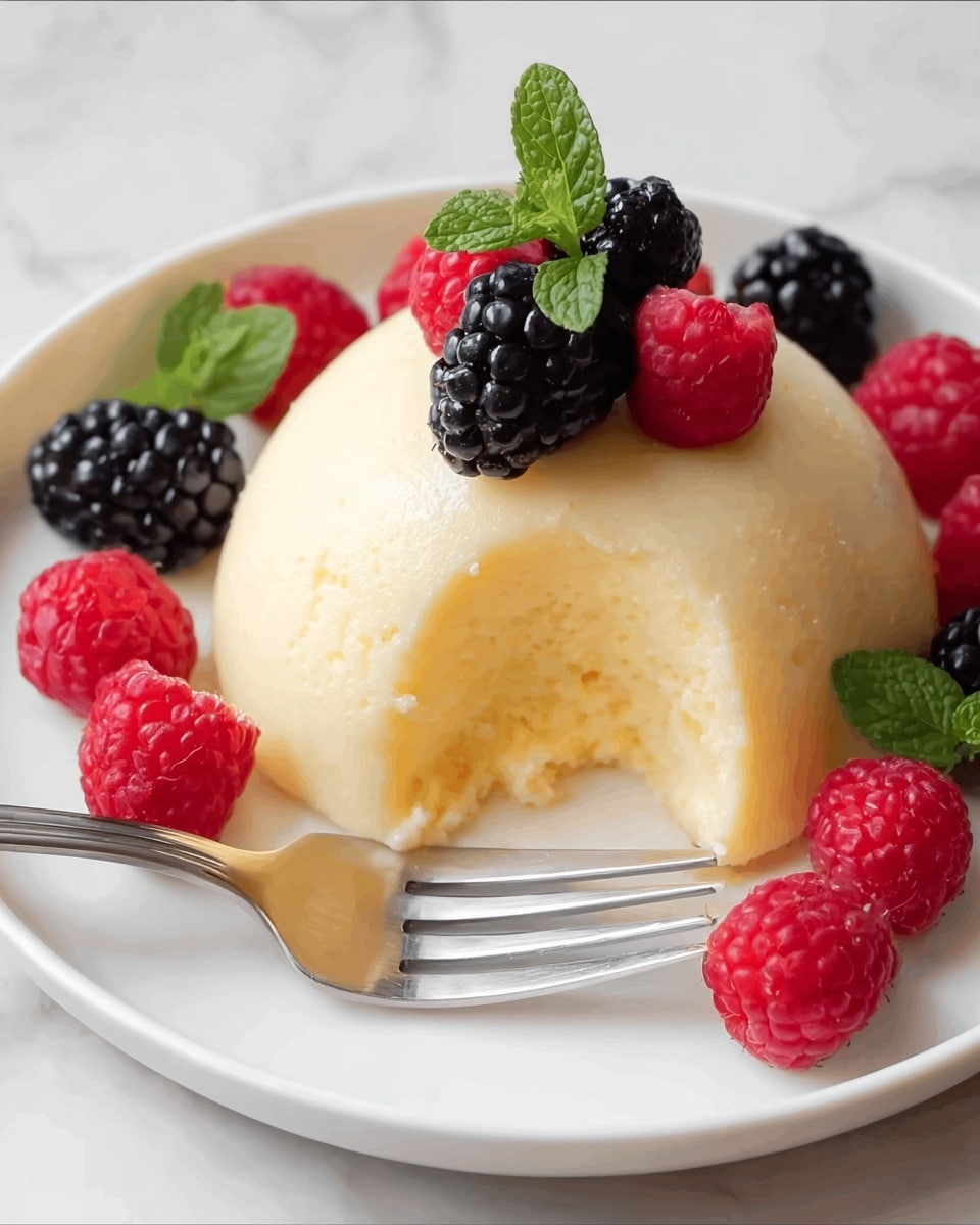 A smooth, dome-shaped creamy dessert with a pale yellow color sits in the center of a white plate on a white marbled surface. The dessert has a small bite taken out, revealing a soft and slightly fluffy texture inside. Around the base of the dome, there are fresh raspberries and blackberries arranged evenly, with three raspberries and three blackberries visible. On top of the dome, there are a few more raspberries and blackberries along with a small green mint leaf for decoration. A shiny silver fork rests on the plate in front of the dessert, holding a single blackberry. photo taken with an iphone --ar 4:5 --v 7