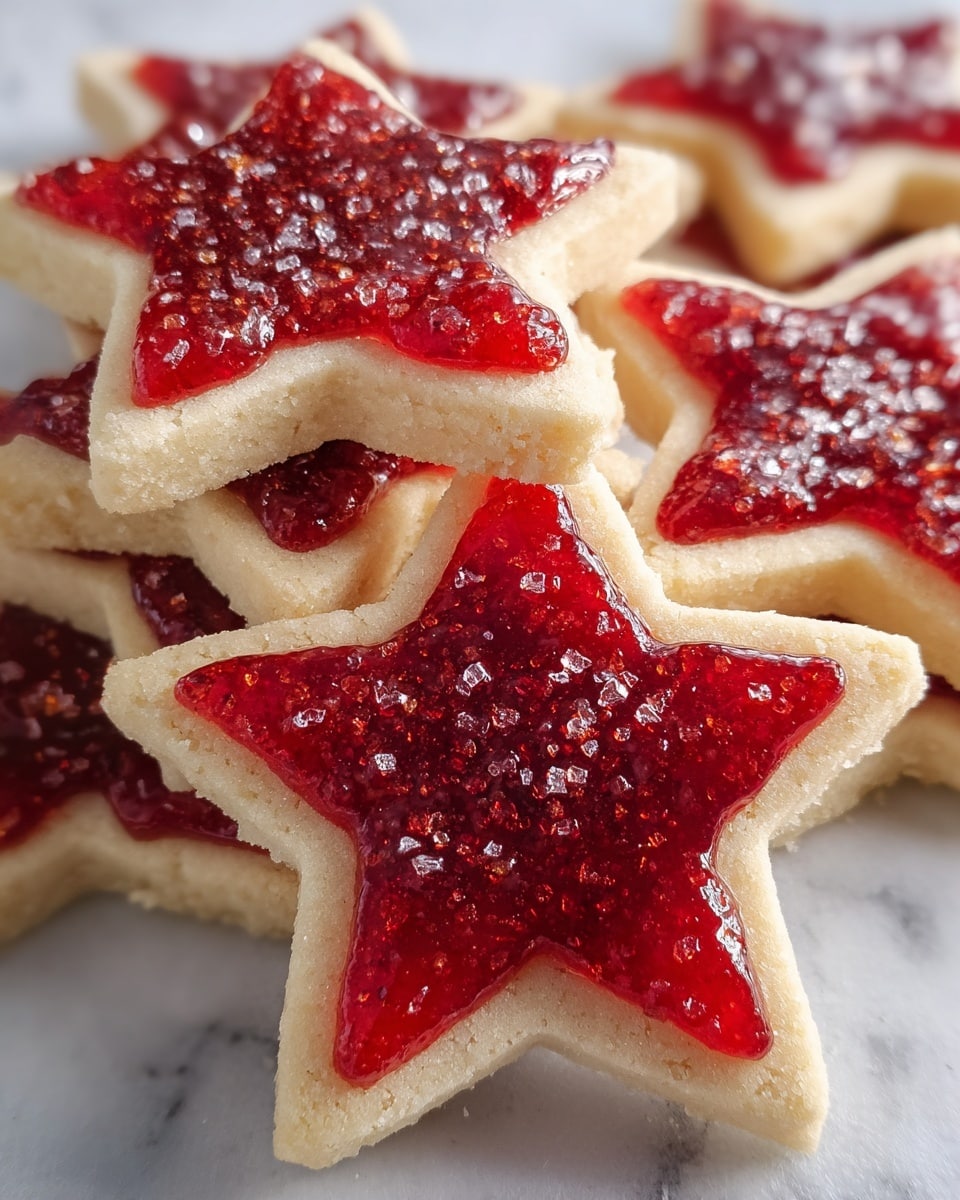 The image shows thick star-shaped cookies arranged on a white marbled surface. Each cookie has two layers: a bottom layer of light beige, soft-looking dough with a slightly crumbly texture, and a top layer of shiny, bright red jam spread evenly in the shape of the star, covering the entire surface. The jam layer is glossy with visible small seeds and sprinkled with clear, coarse sugar crystals that glisten in the light. Photo taken with an iphone --ar 4:5 --v 7
