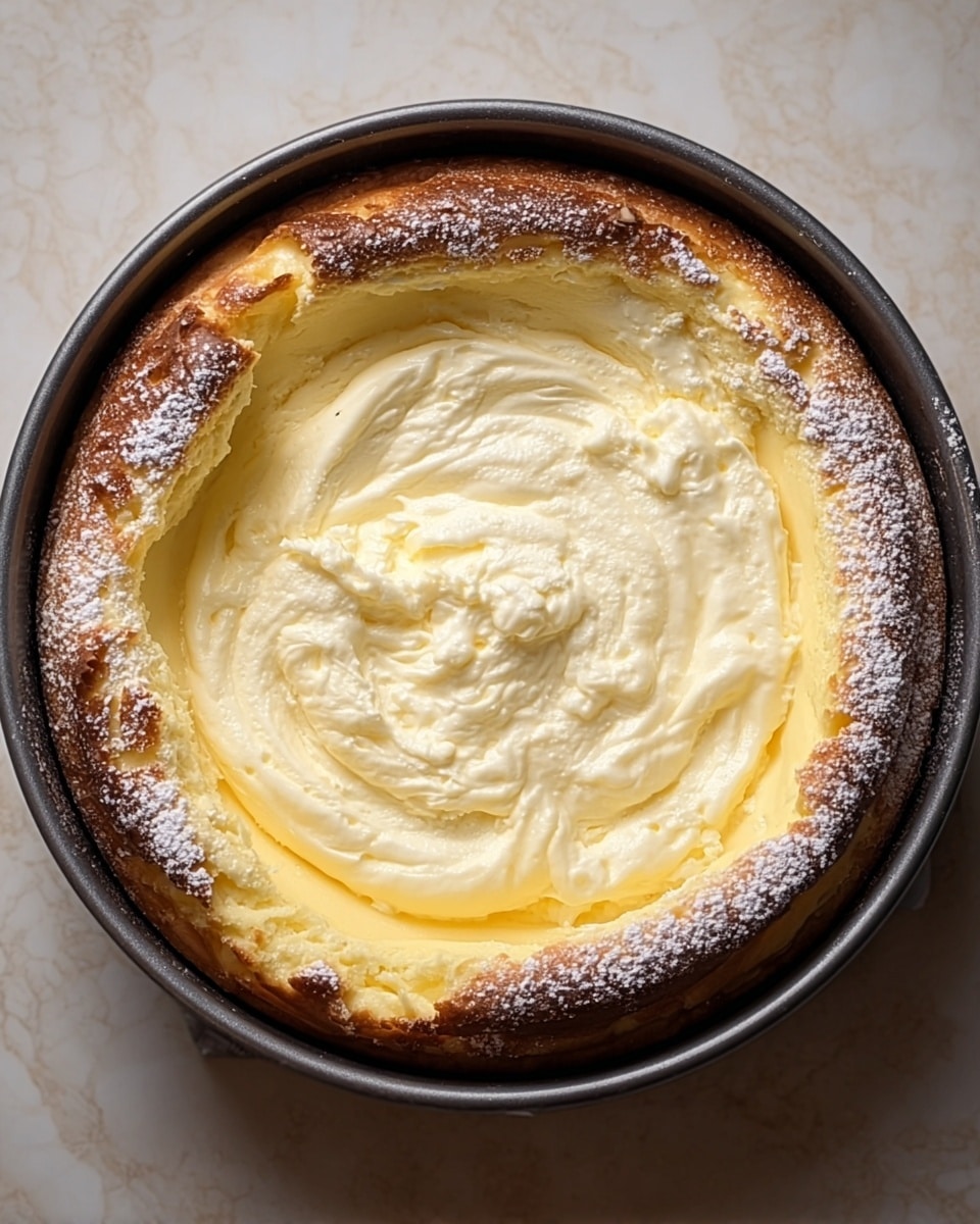 A round cheesecake is shown inside a dark metal baking pan, resting on a white marbled textured surface. The cheesecake has two visible layers: the outer crust is golden-brown and slightly crisp, forming a thick edge all around, and the inside layer is creamy pale yellow with a smooth texture that is softly swirled and slightly uneven on top. There is a light dusting of white powdered sugar around the cake's edges and on the pan rim, enhancing the visual appeal. Photo taken with an iphone --ar 4:5 --v 7