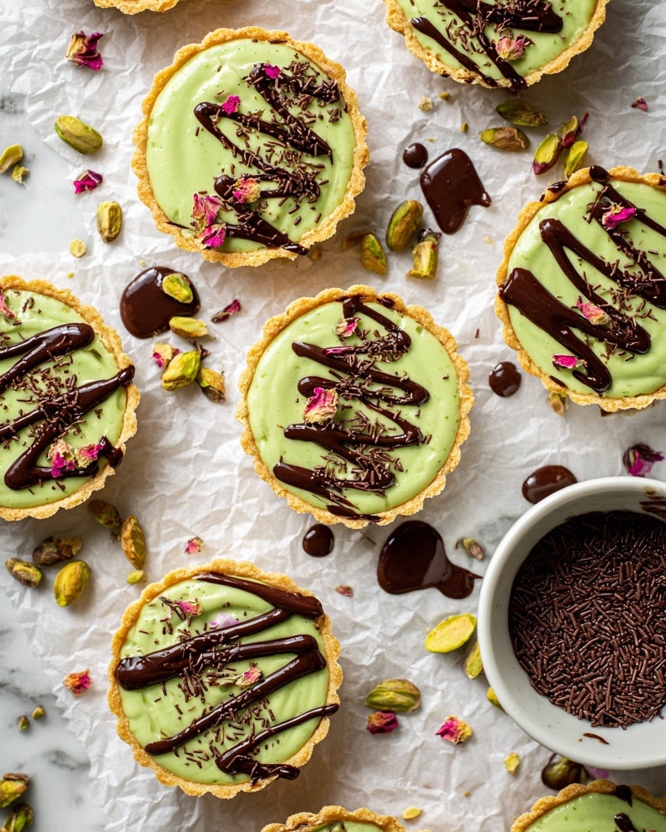 The image shows several small tarts with a light green creamy layer filling each golden-brown tart shell. Each tart is topped with thin dark brown chocolate lines drizzled across and sprinkled with small dark chocolate bits and pink dried flower petals. The tarts are arranged on crinkled white parchment paper, which lays on a white marbled surface. Around the tarts are scattered green pistachio nuts and pools of dark chocolate drizzle. A white bowl filled with dark chocolate sprinkles is partially visible on the right side. The overall composition looks fresh and colorful with smooth, crumbled, and liquid textures. photo taken with an iphone --ar 4:5 --v 7