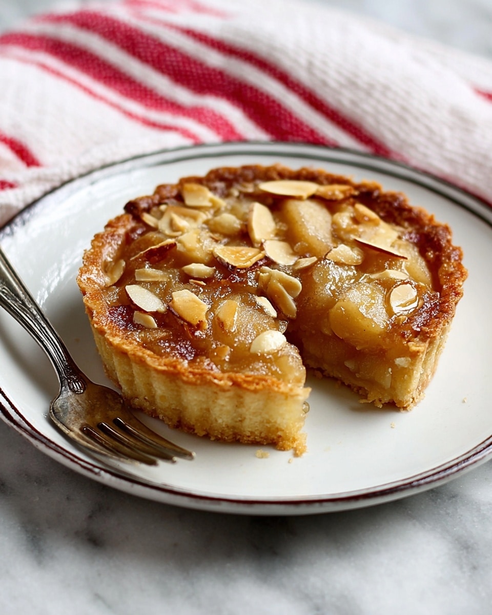 A small tart is placed on a white plate with a thin dark edge. The tart has a golden brown crust that forms the base and the walls, about one layer thick. Inside, there is a thick layer of cooked apple filling that looks soft and glossy, topped with a thin layer of toasted almond slices that add a crunchy texture. The tart is missing one bite from the side, revealing the inside layers. To the left of the plate, there is a silver fork, and the plate rests on a white marbled surface with a red and white striped cloth partially nearby. Photo taken with an iphone --ar 4:5 --v 7