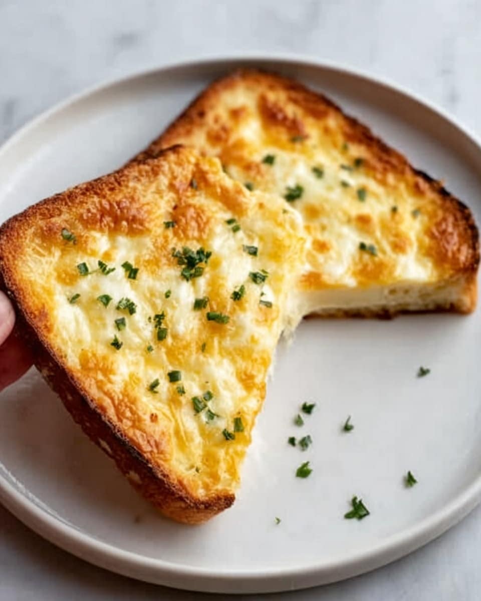 A single slice of toasted bread with a golden-brown crust is on a white plate. On top of the toast is a thick layer of melted cheese, which is creamy white and light yellow, slightly bubbly, and smooth. Small green herb pieces are sprinkled evenly across the cheese, adding a fresh touch. The background is a white marbled surface. Photo taken with an iphone --ar 4:5 --v 7