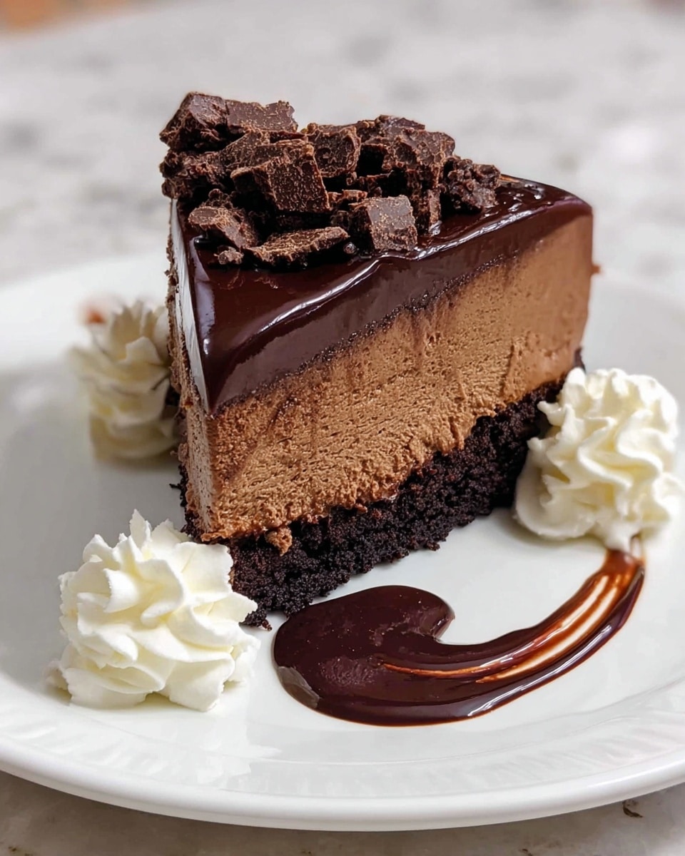 A slice of rich chocolate cake is shown on a white plate with a white marbled texture surface. The cake has four visible layers: a dark chocolate crumb crust at the bottom, a thick creamy milk chocolate mousse in the middle, a dense fudgy chocolate layer above that, and a smooth glossy dark chocolate ganache on top, decorated with rough chocolate chunks. On each side of the cake slice, there are two dollops of white whipped cream. A swirl of shiny chocolate sauce is on the plate below the cake, adding contrast to the white plate. Photo taken with an iphone --ar 4:5 --v 7