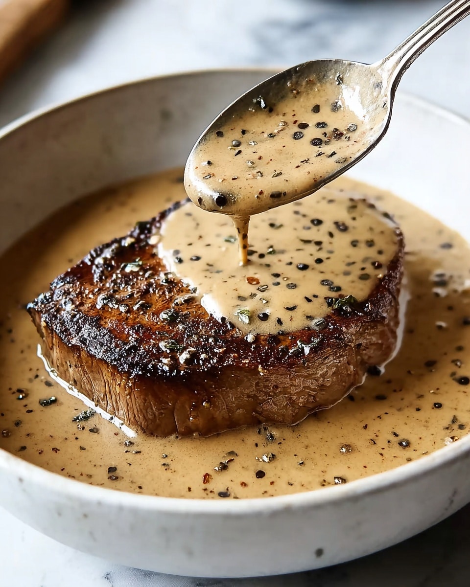 A round, thick piece of grilled steak with a dark brown, slightly charred surface rests in a shallow pool of light beige creamy sauce speckled with black peppercorns inside a white bowl. A metal spoon scoops up some of the glossy, pepper-speckled sauce, pouring it over the top of the steak. The bowl sits on a white marbled surface, adding a clean and bright background to the rich colors and textures of the steak and sauce. photo taken with an iphone --ar 4:5 --v 7