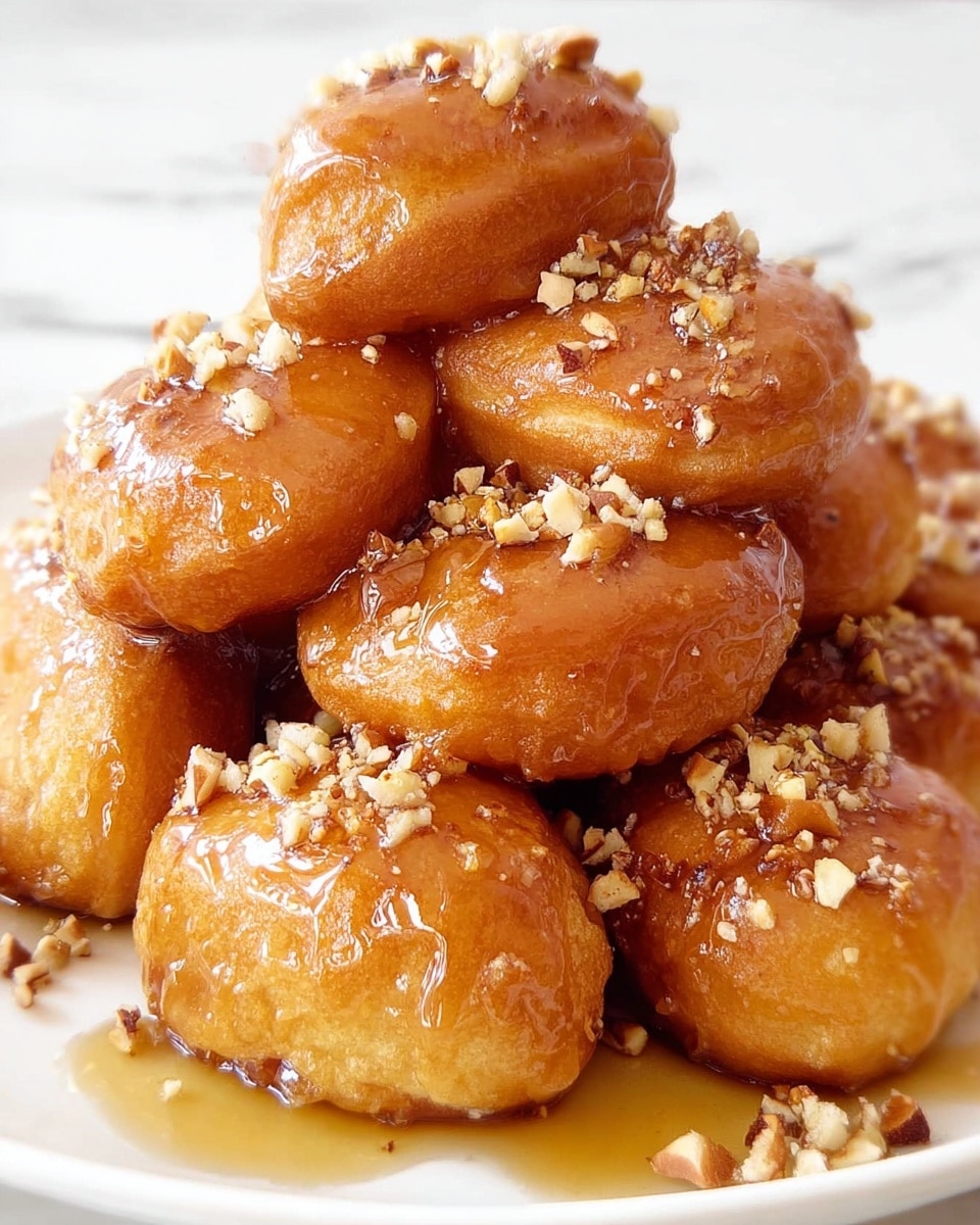 A stack of golden-brown dough pieces piled high on a white plate, each piece round and puffy with a soft, slightly wrinkled texture. The dough is generously covered with a shiny layer of amber syrup that glistens and flows gently over the edges. Scattered finely chopped nuts, light beige with darker brown bits, are sprinkled over the syrup and dough, adding a rough texture and a contrast in color. The plate sits on a white marbled texture surface, enhancing the warm colors of the dish. photo taken with an iphone --ar 4:5 --v 7