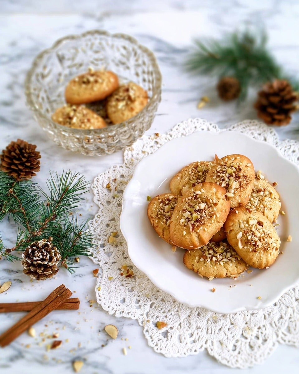 A white plate sits on top of a white lace doily, holding a pile of small, oval golden-brown cookies sprinkled with crushed nuts that add texture and color contrast. Next to this, a clear glass bowl with intricate patterns contains three similar cookies also topped with crushed nuts. The background is a white marbled texture with a few garnish elements including green pine leaves, pine cones, and cinnamon sticks placed around, giving a festive and cozy feel. photo taken with an iphone --ar 4:5 --v 7