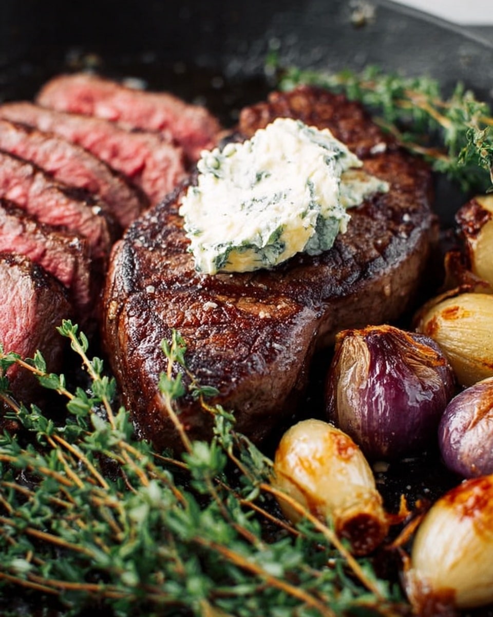 A close-up of a cooked steak with a brown, grilled outer layer and a pink, sliced interior to the left, topped with a dollop of white herb butter with green specks in the center. Surrounding the steak are fresh green sprigs of thyme and small, browned roasted shallots with a golden and purple color on the right side. The image background shows a dark pan with a shiny, slightly oily surface. Photo taken with an iphone --ar 4:5 --v 7