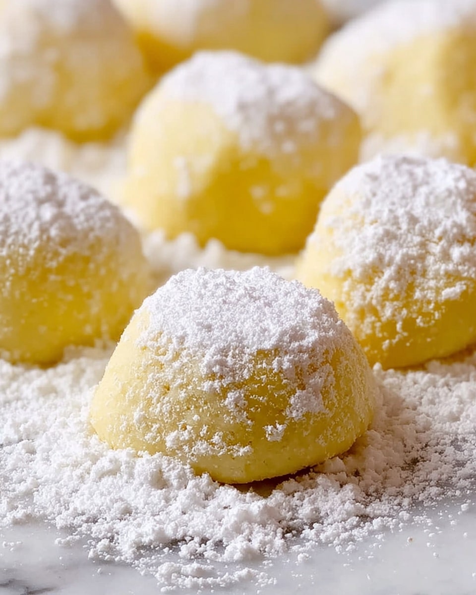 The image shows several small, soft-looking dough pieces dusted with a thick layer of white powdered sugar. Each piece is light yellow with a smooth texture and slightly rounded edges, sitting on a white marbled surface covered in more powdered sugar, creating a contrast between the yellow dough and bright white sugar. The pieces are arranged close together, and the powdered sugar looks fluffy and unevenly spread, adding texture to the scene. photo taken with an iphone --ar 4:5 --v 7