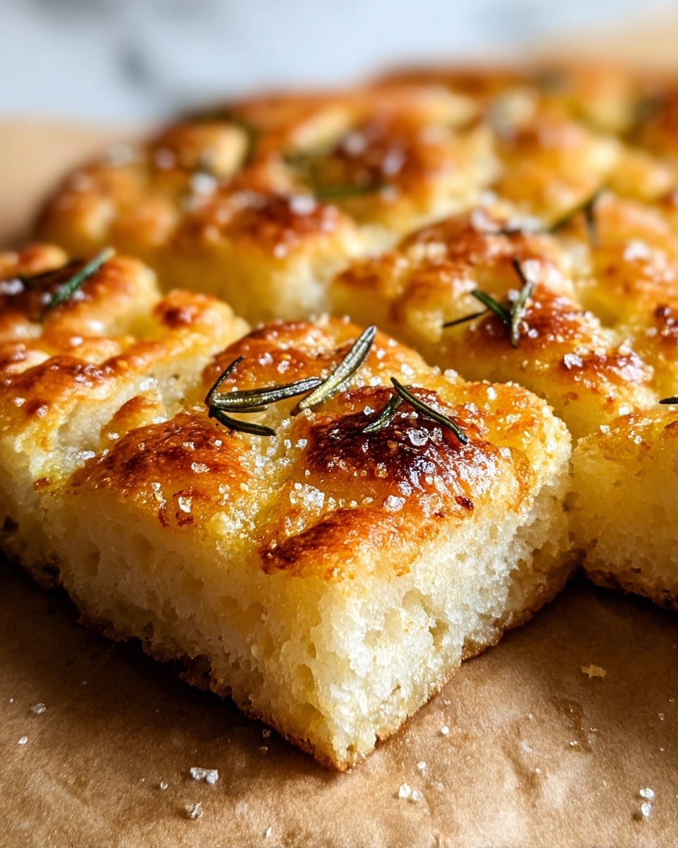 A close-up view of a square focaccia bread cut into 16 small pieces, showing two visible layers: the thick, soft, pale yellow dough base and a golden brown, slightly bubbly top crust. The top crust is sprinkled with coarse salt grains and small green rosemary leaves, with parts of the crust caramelized to a darker brown, giving it a toasted texture. The bread lies on brown parchment paper with a soft white marbled surface blurred in the background. Photo taken with an iphone --ar 4:5 --v 7