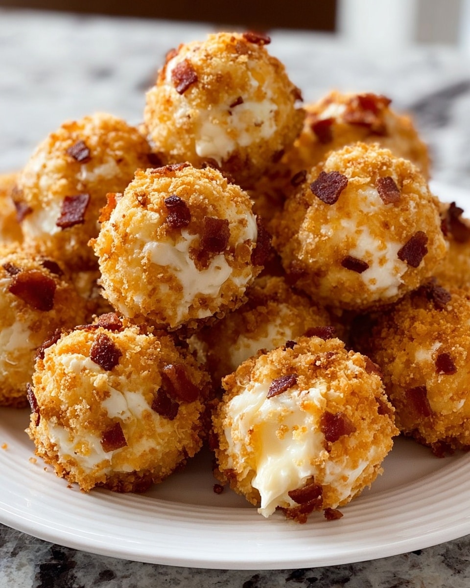 A white plate filled with round cheese balls, each covered in a golden-brown crumb coating mixed with small chunks of cooked bacon, giving them a crunchy texture on the outside while the inside appears soft and creamy white with hints of melted cheese. The cheese balls are piled high, showing some variation in size, with a white marbled countertop in the background. Photo taken with an iphone --ar 4:5 --v 7
