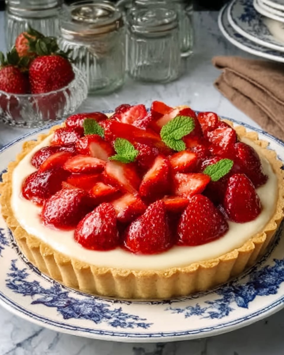 A round tart on a white plate with a blue floral pattern, featuring a golden brown crust at the bottom, a smooth creamy white layer of custard filling above it, and topped with two types of vibrant red strawberries: halved ones arranged neatly around the edge and whole strawberries in the center, garnished with three small green mint leaves. The setup is on a white marbled surface with glass jars and a folded brown napkin in the background. Photo taken with an iphone --ar 4:5 --v 7
