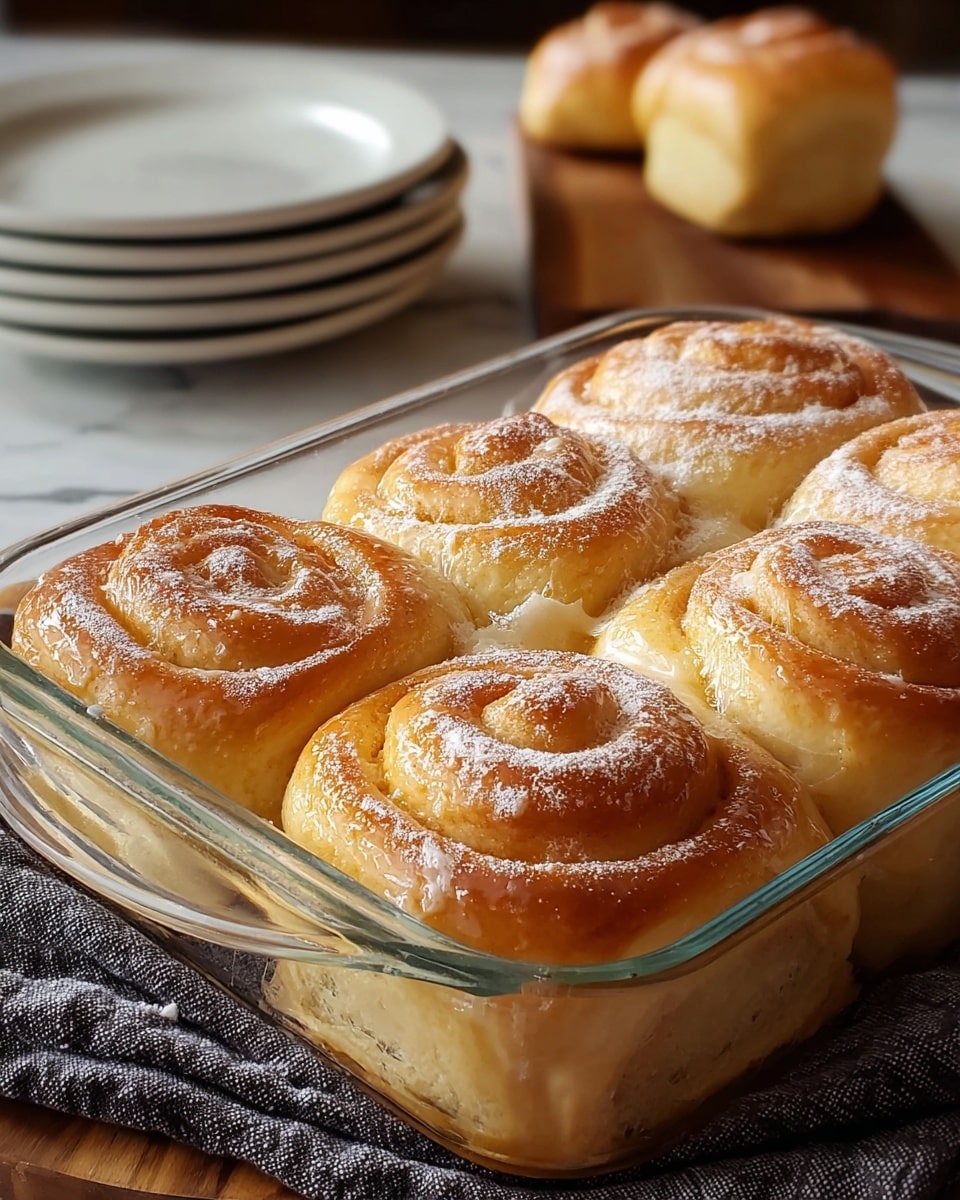 The image shows a glass baking dish filled with six golden-brown, fluffy rolls arranged in two rows of three. Each roll has a spiral shape with layers that appear soft and airy, topped with a light dusting of powdered sugar. The rolls have a shiny, slightly glazed surface and visible flaky layers. The dish sits on a dark cloth over a white marbled surface, and in the background, there is a stack of white plates with a few more rolls on top, slightly out of focus. Photo taken with an iphone --ar 4:5 --v 7