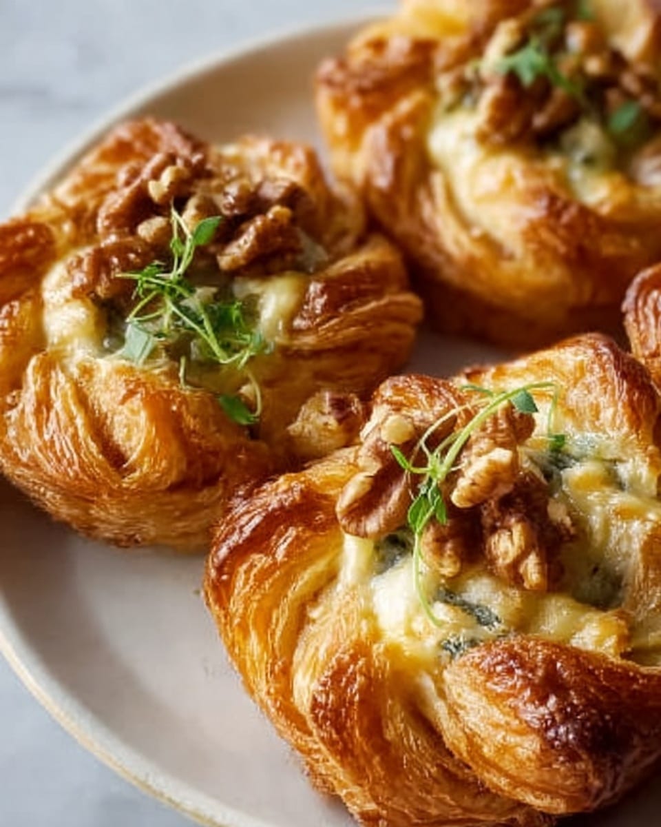 A close-up view of three small, round pastries with flaky, golden-brown crusts arranged on a white plate, each pastry twisted into a star shape with multiple layers showing a crisp, crunchy texture. The centers are filled with creamy, light yellow cheese and topped with pieces of walnuts and some fresh green herb sprigs, giving a mix of smooth, crunchy, and fresh textures. The background is a white marbled texture, adding a clean and elegant look. photo taken with an iphone --ar 4:5 --v 7