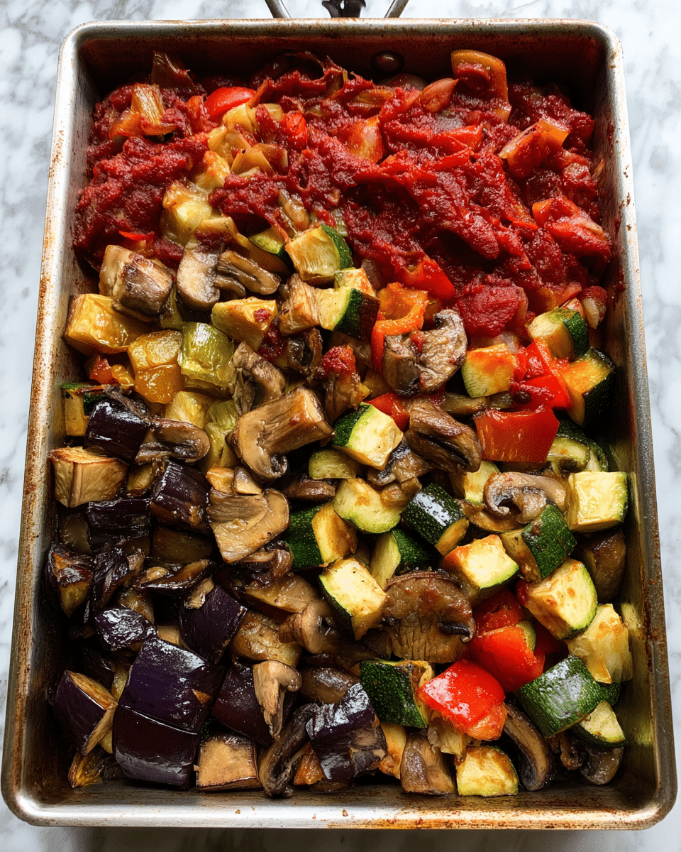 A large metal pan filled with a mix of roasted vegetables, showing about three main layers all mixed together. The base layer is soft, chunky pieces of green zucchini and light green zucchini slices with skin, mixed with yellow, orange, and red roasted bell pepper pieces. The mid-layer has large cubes of dark purple eggplant with a shiny, slightly charred skin and soft beige inside, along with slices of brown mushrooms with visible gills. The top layer has diced cooked onions and rough chunks of red tomato sauce that looks thick and chunky, coating the vegetables. The pan shows some dark browning on the metal edges, and the background is a white marbled texture. photo taken with an iphone --ar 4:5 --v 7