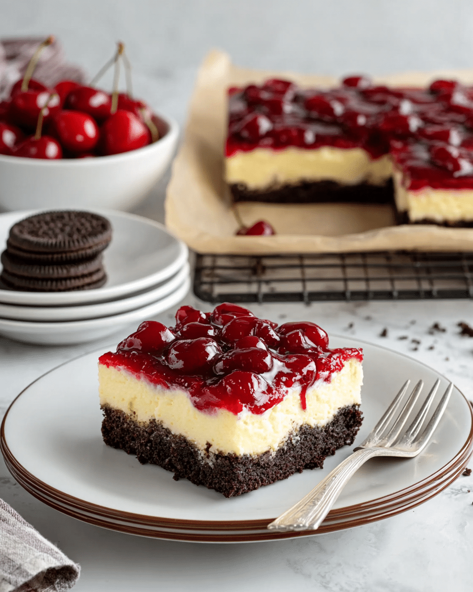 A square piece of dessert is on a white plate with a thin brown rim, next to a silver fork on the right side. The dessert has three layers: the bottom layer is thick, dark brown, and crumbly like crushed cookies; the middle layer is thick, creamy, and pale yellow; the top layer is bright red cherry topping with whole shiny cherries in a glossy sauce. In the background, the rest of the dessert with the same three layers sits on brown parchment paper and a wire rack. To the left, there is a white bowl filled with cherries and some stacked white plates with dark round cookies on top, all on a white marbled surface. photo taken with an iphone --ar 4:5 --v 7