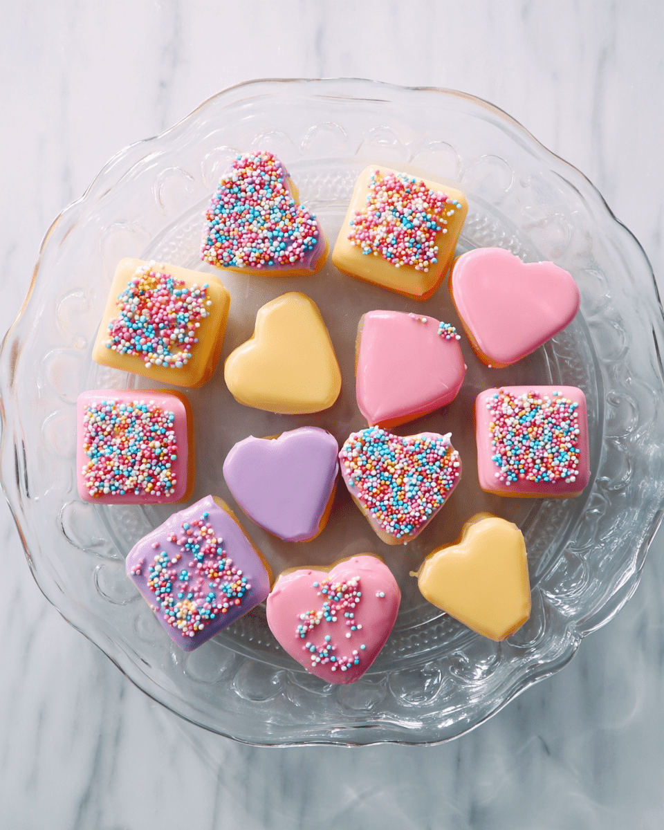 A clear glass plate holds fifteen small square and heart-shaped treats arranged in a loose circle. Each treat is smoothly coated in glossy pastel icing in pink, purple, or yellow. Some are topped with colorful round confetti sprinkles, creating a textured, playful layer on top, while others have plain glossy icing. The treats are single-layered with clean edges, and the plate sits on a white marbled surface. photo taken with an iphone --ar 4:5 --v 7