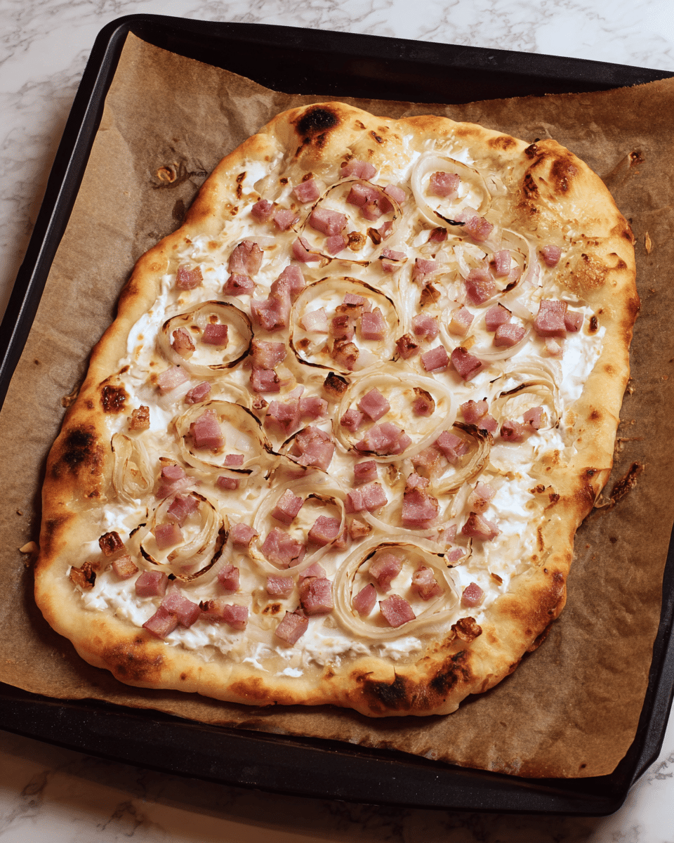 A rectangular pizza with a golden brown, slightly puffy crust rests on brown parchment paper on a black baking tray. The pizza has one main layer of creamy white sauce spread evenly across the surface, topped with scattered small cubes of cooked bacon in pink and browned shades. On top of the bacon, there are thin, large rings of translucent white onion placed unevenly, adding texture and contrast. The edges of the crust show some darker toasted spots, giving a rustic, well-baked look. The scene is set on a white marbled texture. photo taken with an iphone --ar 4:5 --v 7