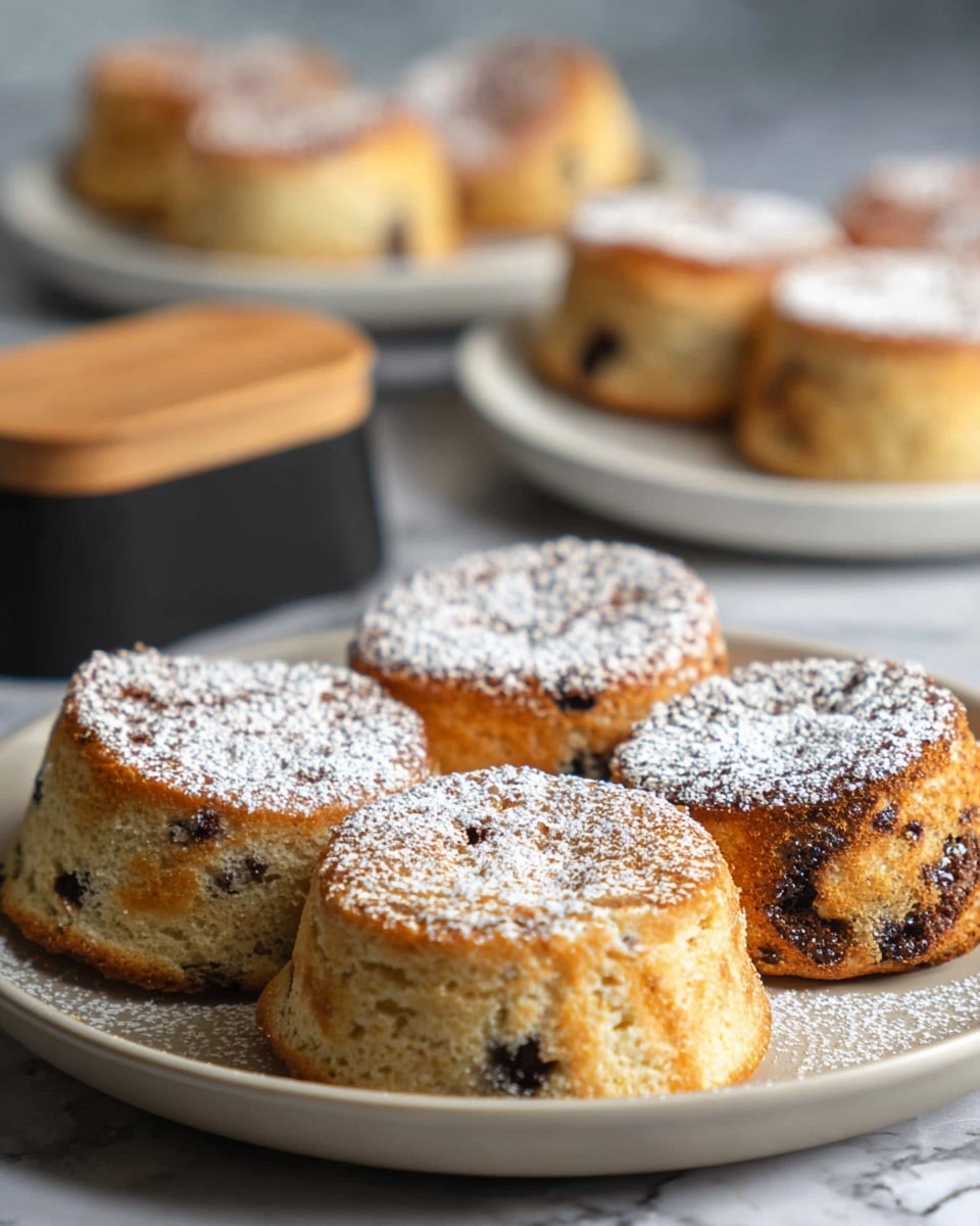 A close-up of five thick, golden-brown cakes with slightly uneven edges, each topped with a light dusting of white powdered sugar that contrasts with their crisp, textured surfaces. The cakes show small dark spots, hinting at berries or chocolate bits inside. They are arranged casually on a white plate with a smooth surface, set against a background featuring another white plate with more cakes and a black butter dish with a wooden lid. The whole scene rests on a white marbled texture. photo taken with an iphone --ar 4:5 --v 7