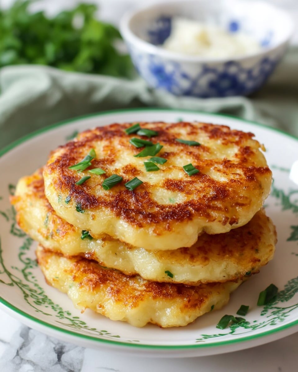 A stack of three golden-brown fried patties sits on a white plate with a green rim, each patty showing a crispy texture with lightly browned spots. The top patty is garnished with small pieces of fresh green herbs scattered unevenly across its surface. The patties look soft and thick with some visible bits of green inside, hinting at the ingredients within. In the background, there is a blurred white bowl with blue patterns and some green cloth or fresh herbs, all placed on a white marbled surface. photo taken with an iphone --ar 4:5 --v 7