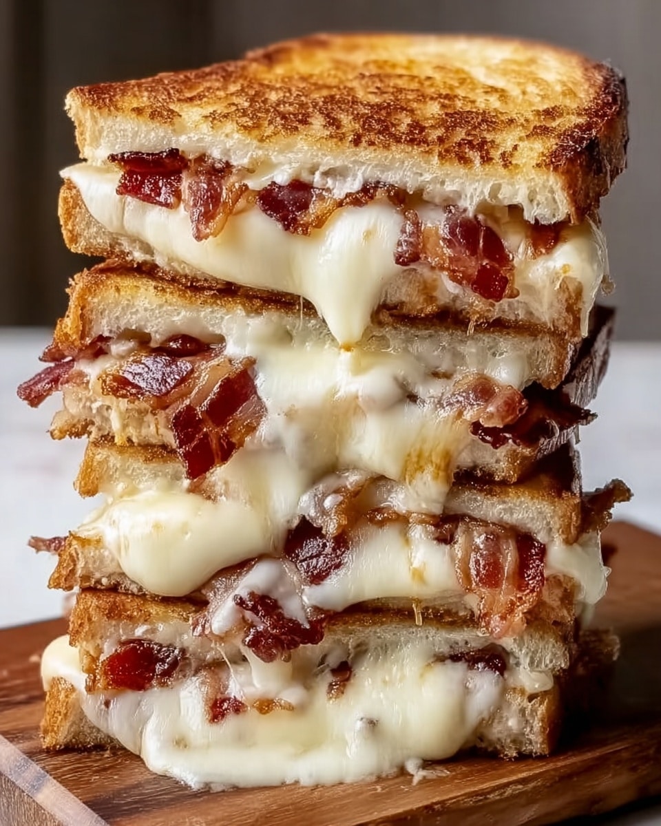 The image shows a tall stack of three grilled cheese and bacon sandwiches placed on a wooden board, with each sandwich cut in half and layered. The bread slices are golden brown and crispy, sandwiching thick layers of melted white cheese that ooze and stretch out between each piece. Between the cheese layers are crispy, reddish-brown bacon slices adding texture and color. The sandwiches look warm and gooey with cheese spilling out at the edges, and the whole stack is set against a soft-focused background with a white marbled texture visible underneath the board. photo taken with an iphone --ar 4:5 --v 7
